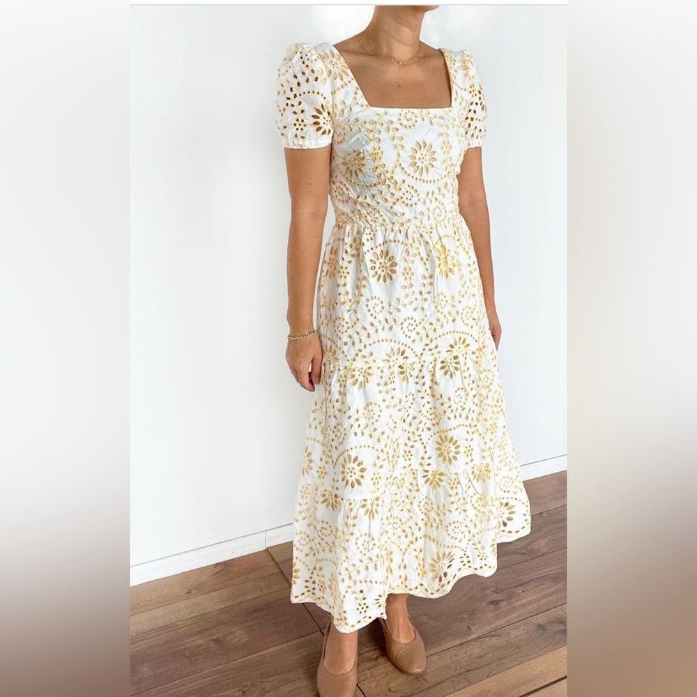 Greylin White Eyelet Maxi Dress with Gold Embroidery